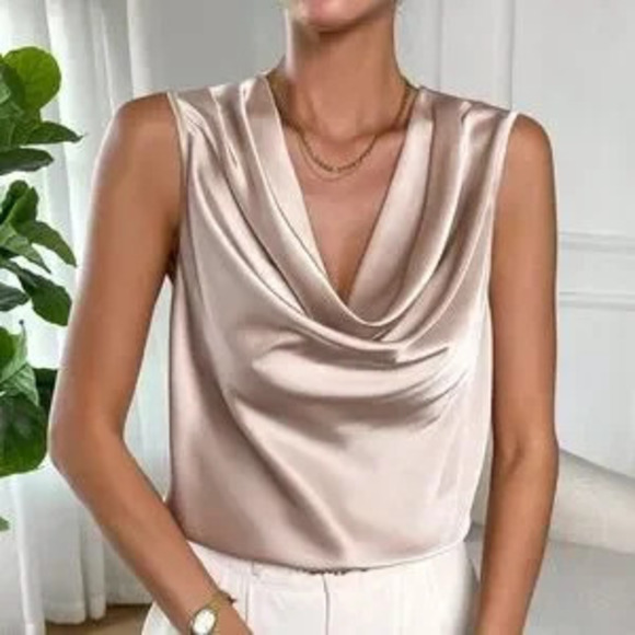 Tops - Satin Draped Cowl Neck Sleeveless Blouse Cream Beige